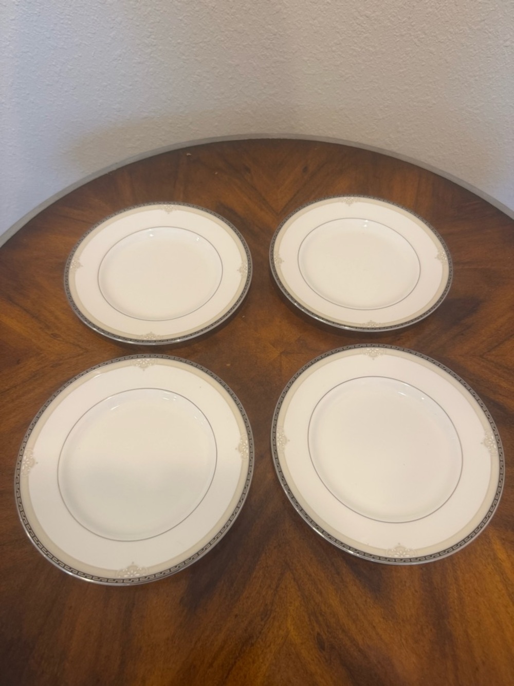 4 Waterford Porcelain Brocade 6” Bread Plates Black and Silver Greek Key Pattern